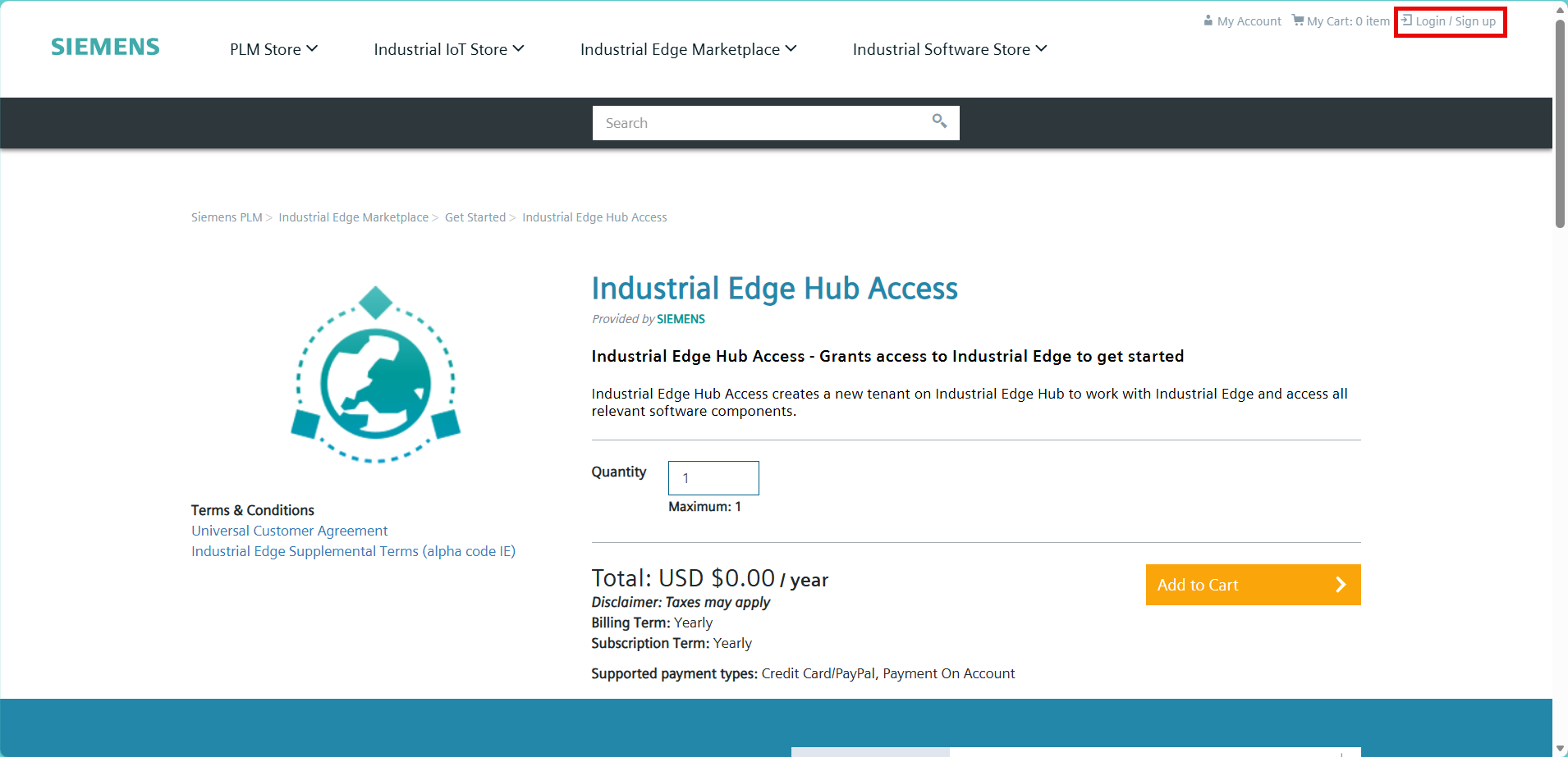 Click "Login/Sign up". The Siemens Log in page appears.