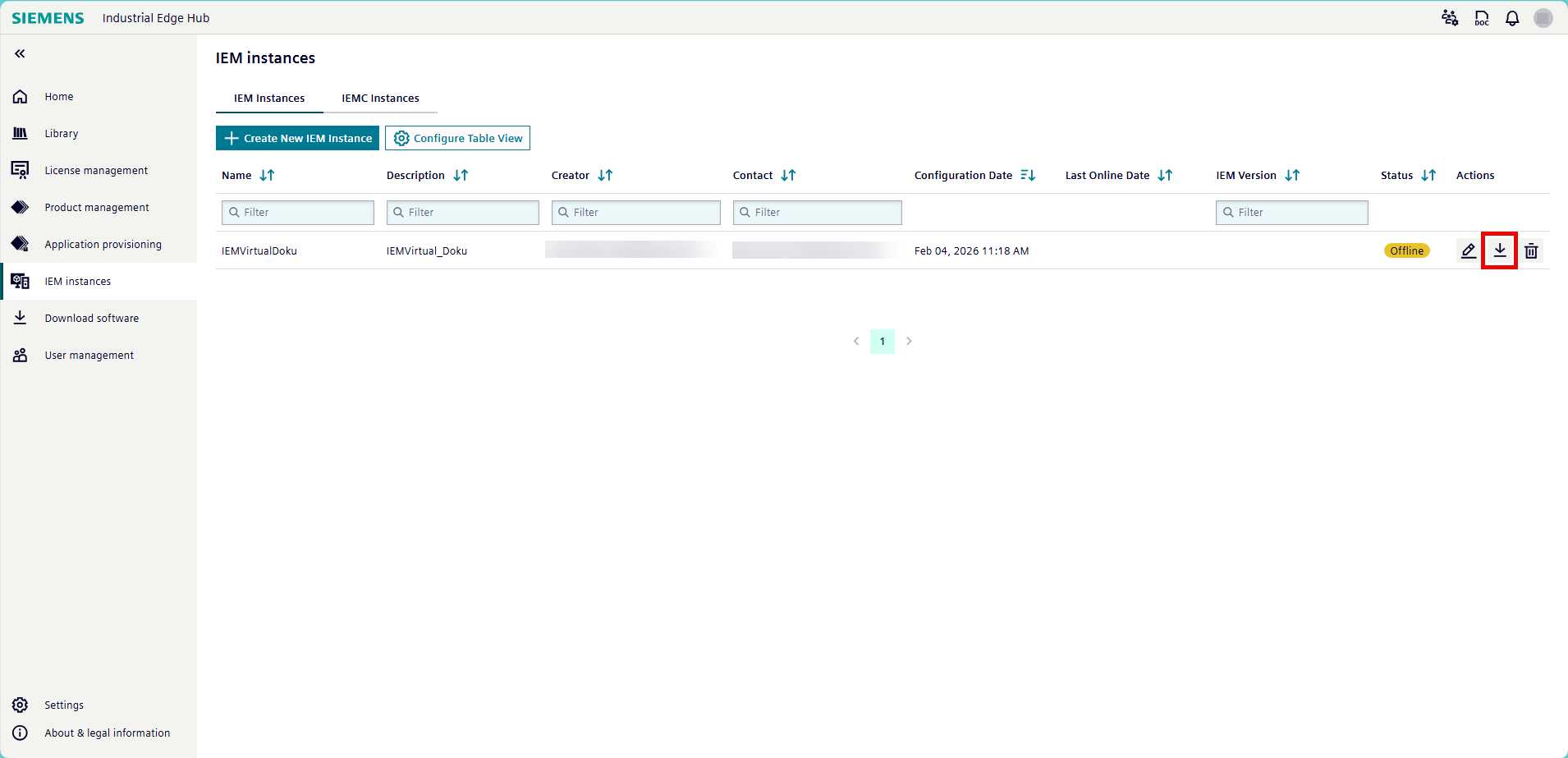 Click the "Download Configuration" icon in the "Actions" column for the IEM instance. The configuration file downloads according to your browser settings.