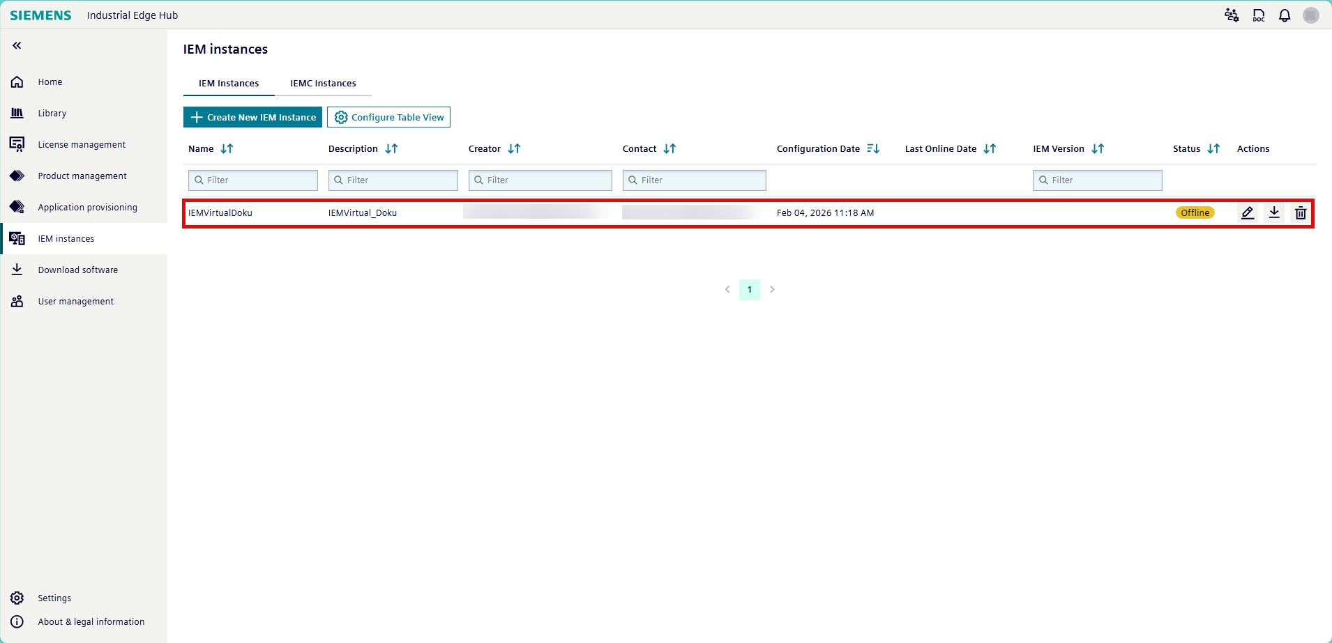 Navigate back to "IEM instances". IE Hub displays the new IEM instance when it is finished with the installation process.
