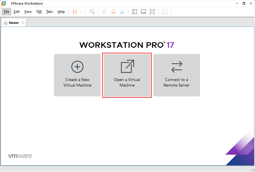 Click "Open a Virtual Machine".