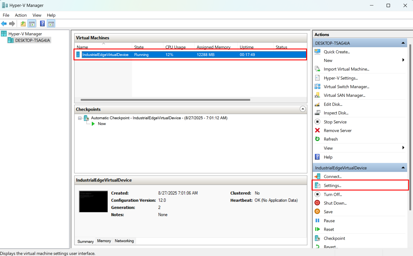 Select VM named "IndustrialEdgeVirtualDevice". In the right sidebar, click "Settings".