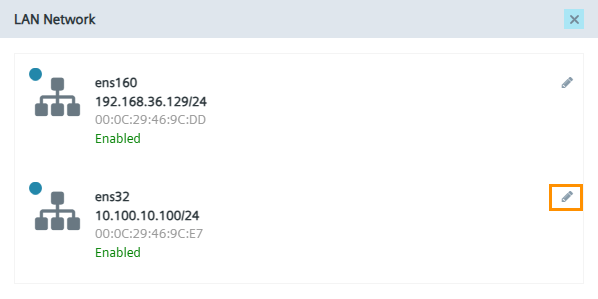 Click on the pencil icon next to the network adapter "ens32" to modify its network settings.
