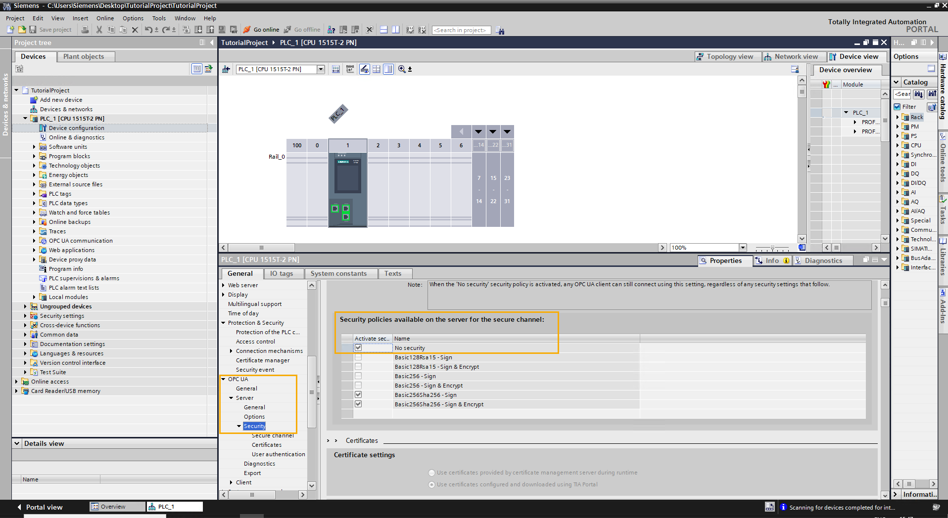 Under "Security policies available on the server for the secure channel", click the checkbox for "No security".